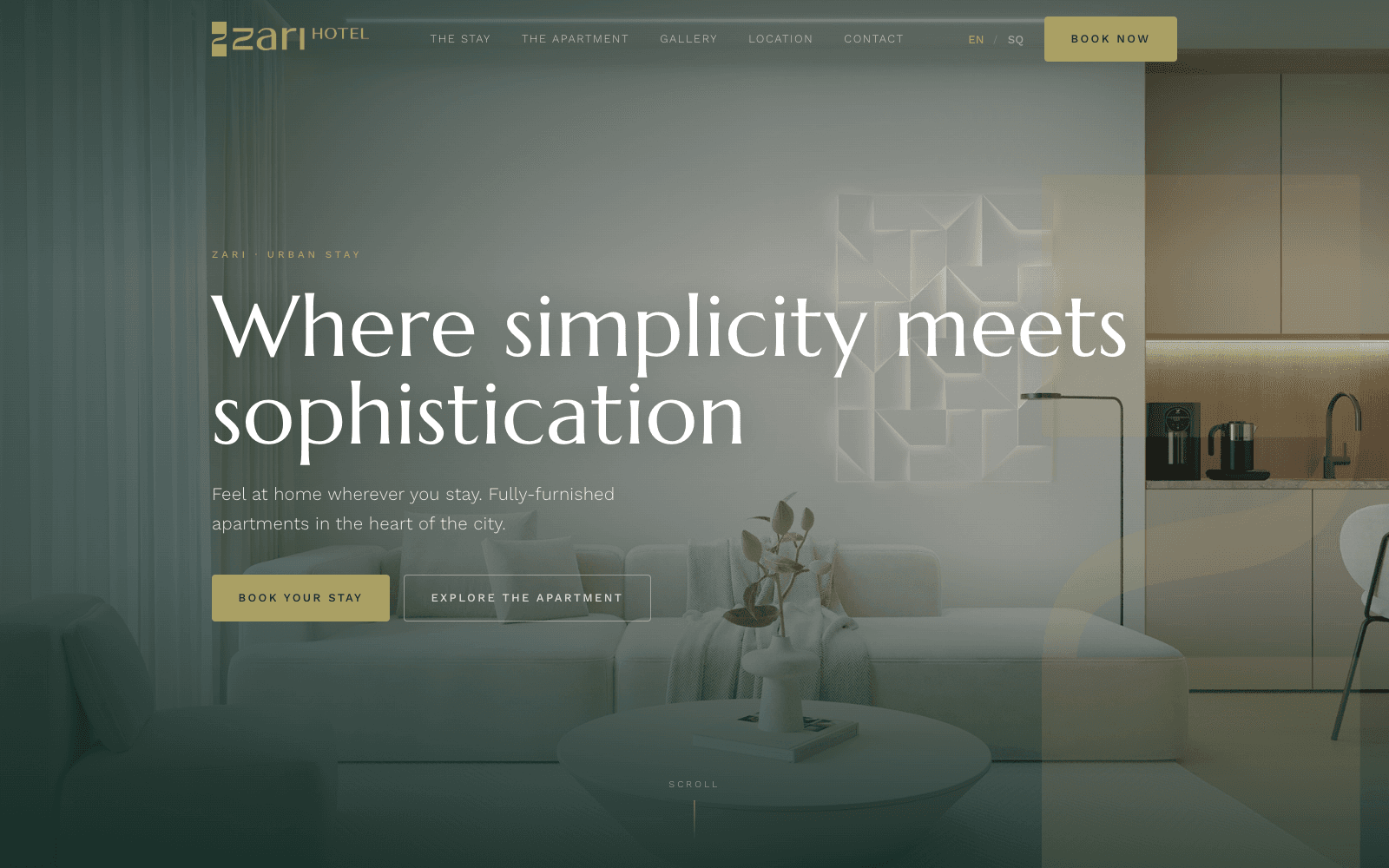 Zari Hotel's hero section — a full-bleed sunlit living-room photograph with a gold monogram watermark and the headline 'Where simplicity meets sophistication'