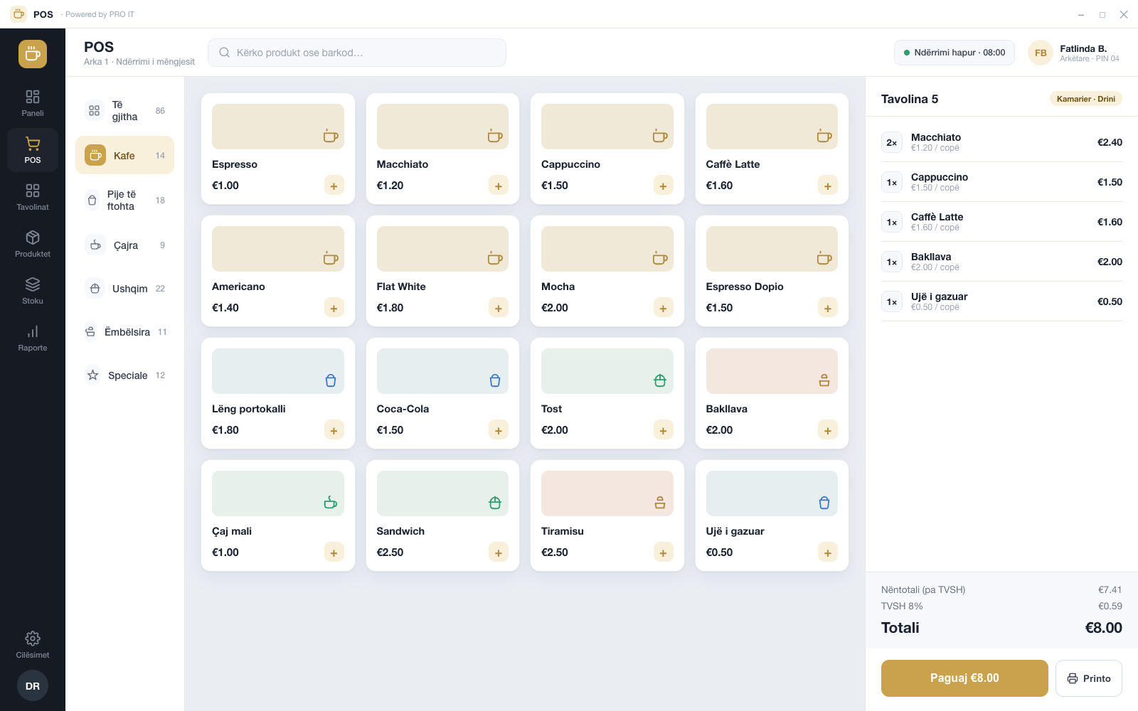 Order screen — touch product grid, type-ahead search and the running order total