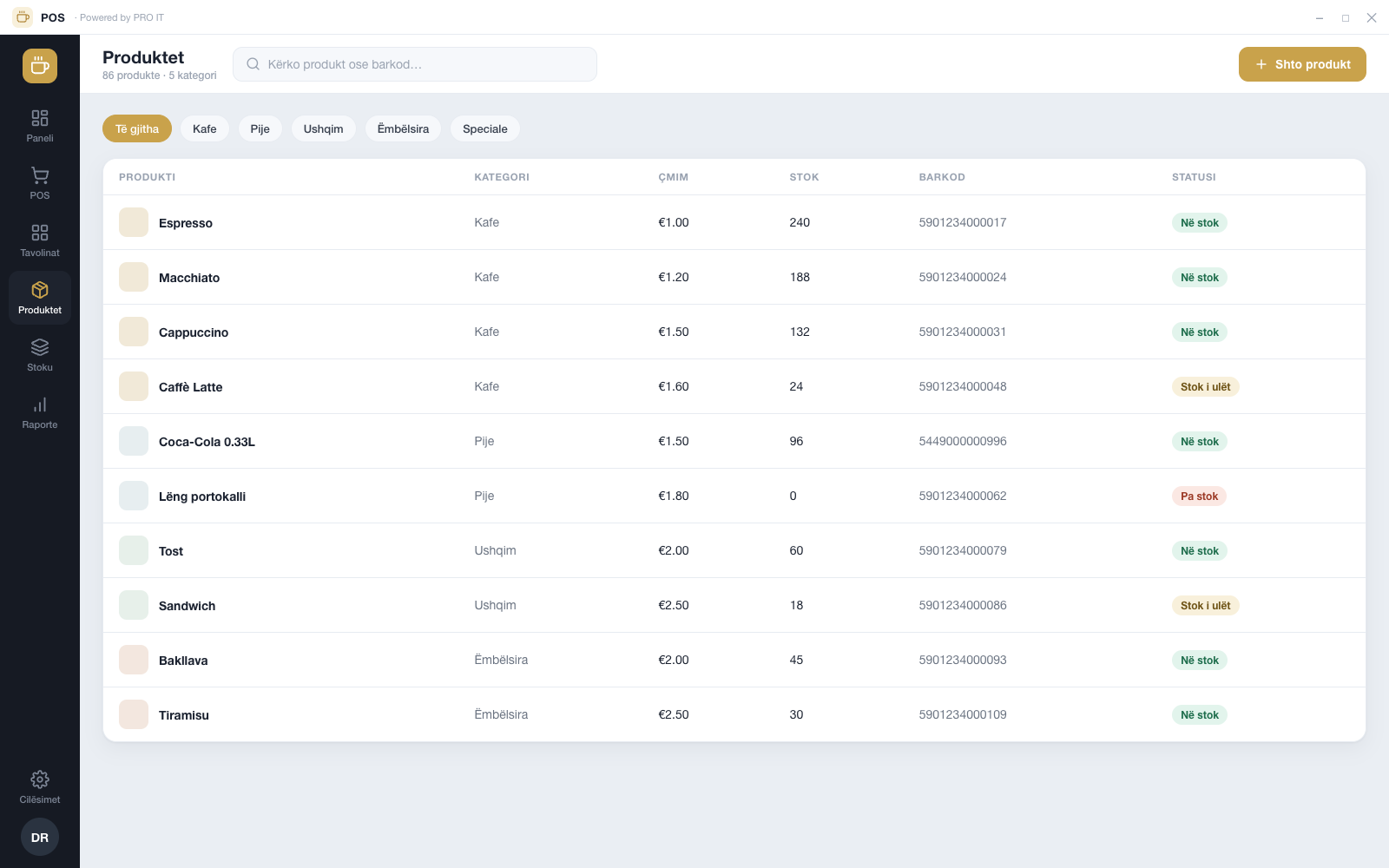 Product management — categories, prices, stock levels and barcodes